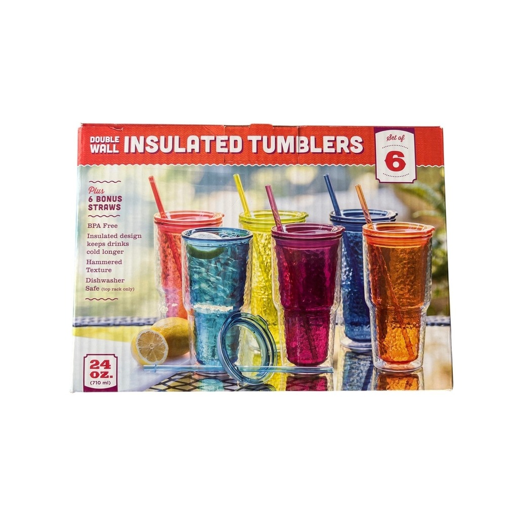 Double Wall Insulated Tumblers 24 oz Set of 6 Hammered Texture with Bonus Straws
